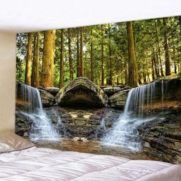 Tapisseries Nature Paysage Tapisserie Forêt Cascade Tenture Murale Salon Décor Boho Psychédélique Yoga Tapis Sheetvaiduryd