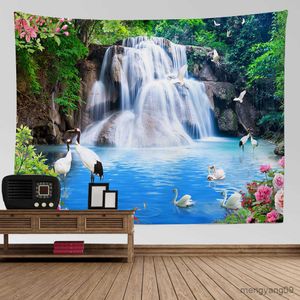 Tapisseries nature paysage tapisserie haute montagne avec des oiseaux cascade du coucher de soleil pendrie pour la décoration de paroi de la maison couverture r230812