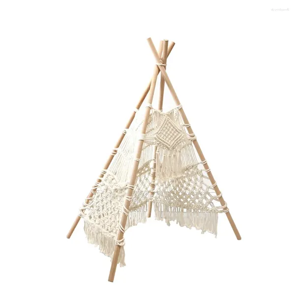 Tapices Estilo nórdico Tejido a mano Macrame Tapiz Tienda con soporte de palo de madera Niños Cuerda de algodón Red Bohemia Pografía Decoración