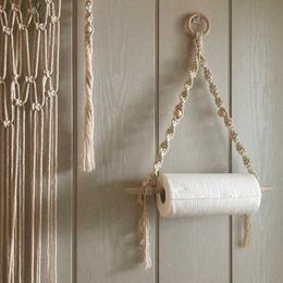 Tapices nórdicos palo de madera soporte de papel higiénico colgante de pared tapiz tejido a mano cocina baño toallero decoración