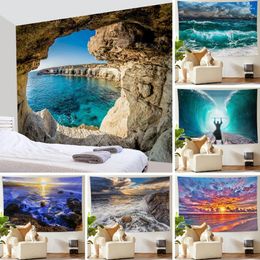 Tapisseries océan mur tapisserie bleu côte de mer au lever du soleil des vagues de paysage marin paysage grandes couvertures de plage de tapis décor