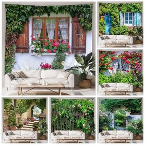 Tapisseries Vieille Fenêtre Avec Fleurs Paysage Extérieur Tapisserie Porte À Vérone Ltaly Maison Patio Tenture Murale Art Décor Mural