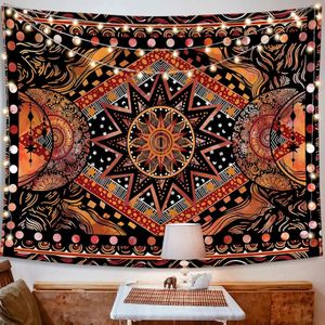 Wandtapijten Oranje Zon en Maan Tapijt Muur Opknoping Indie Hippie Mandala Cool Esthetisch voor Slaapkamer Woonkamer 231023