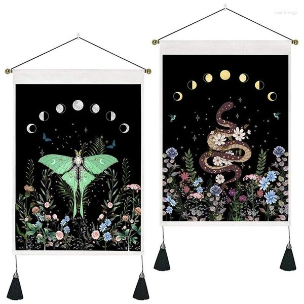 Tapisseries Pack de 2 Tapisserie de Phase de Lune Fleur Floral Moth Serpent Fond Noir Tenture Murale