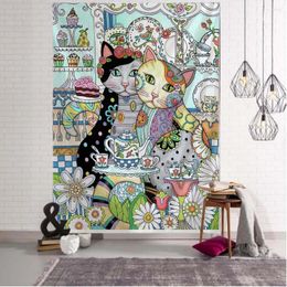 Tapisseries murales suspendues avec Illustration de chat, décoration de maison mignonne, serviette de plage, tapis de Yoga, couverture, nappe