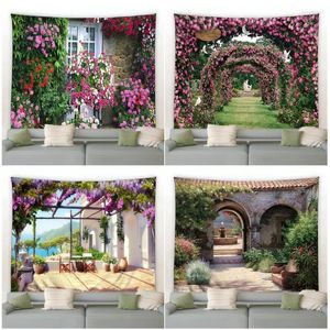 Tapisseries Parc Fleurs Tapisserie Rose Plante Florale Vintage Brique Mur Arche Moderne Maison Jardin Salon Cour Décoration Suspendue