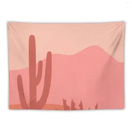 Tapisses pastel Pink Desert Landscape Cactus Silhouette Mountains Couleurs monochromes Decoration Tapestry House esthétique