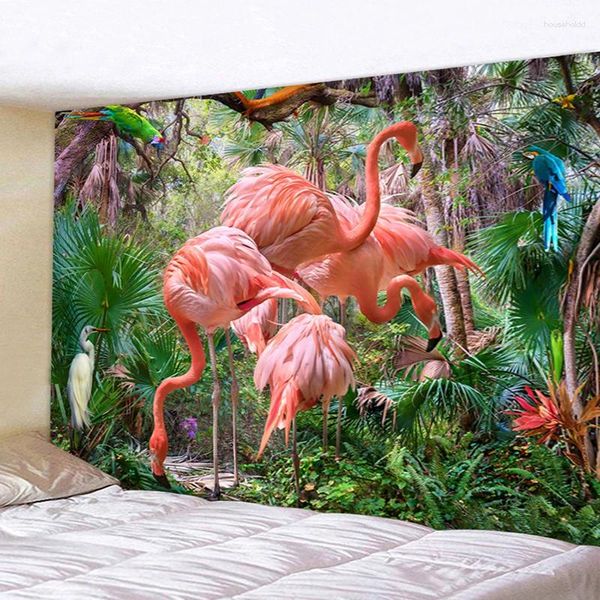 Tapices Pink Flamingo Tapiz Tropical Selva Animal Pared Colgante Tela Verde Hojas de Palma Planta Manta para la decoración del hogar