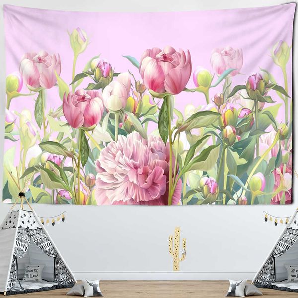 Tapices Tapiz de flores rosadas Colgante de pared Pequeña mesa fresca Estera Dormitorio Fondo decorativo Paño