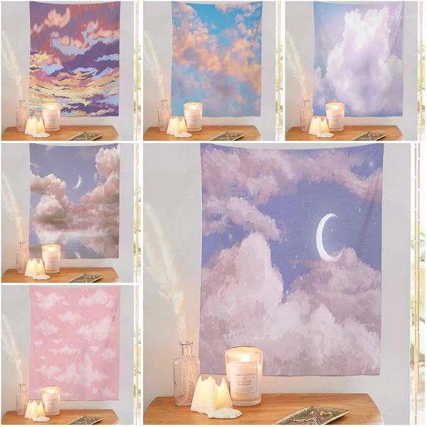 Tapisseries Rose Lune Tapisserie Tenture Murale Maison Salon Rêve Esthétique Ciel Amour Blanc Nuage Soleil Décoration Fond Tissu