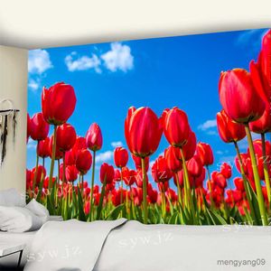 Tapices Pink Tulip Flower Tapestry Wall Garden Tapestry Art Dormitory Home Beding Bonding Decoración de pared Picnic R230812