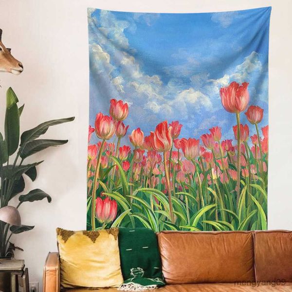 Tapices Pink Tulip Flowers Tapestry Wall Hanging Garden Tapices Floral Carpetas Arte Dorector Decoración del hogar Toalla de playa R230812