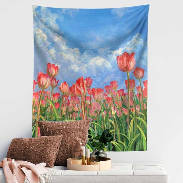 Tapices de flores de tulipán rosa, tapiz colgante de pared para jardín, tapices florales, alfombras, arte, decoración del hogar, Picnic, toalla de playa