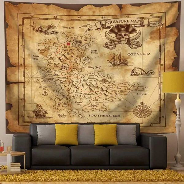 Tapices Mapa pirata Tapiz Mapa del tesoro Tapiz Isla Mapa del tesoro Tapiz de pared náutico Mapa de Halloween Tapiz Decoración de la habitación pirata