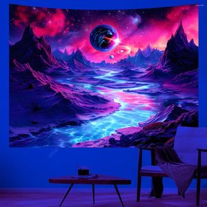 Tapestries planeet UV Reactive Tapestry Mountain en River Neon Art Muur voor slaapkamer esthetisch slaapzaal feest decor gordijn