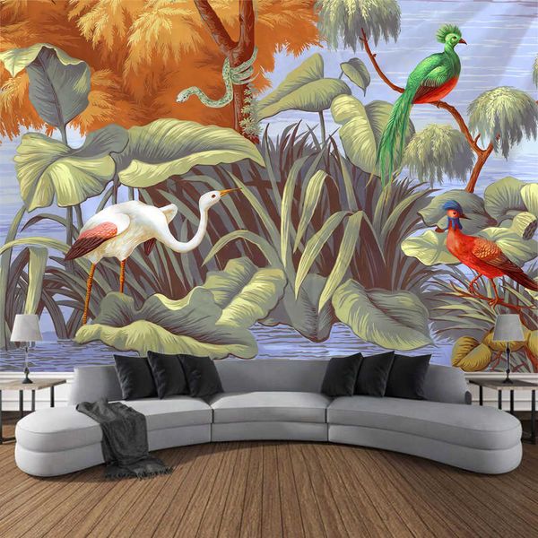 Tapices de plantas, flores y pájaros, tapiz impreso para colgar en la pared, pintura artística de bosque tropical, decoración para sala de estar