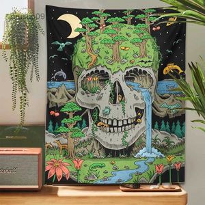 Tapisseries psychédélique crâne tapisserie tenture murale ciel étoilé lune plante fleurs espace squelette tapisseries sorcière pour décoration de chambre décor à la maison