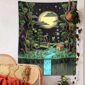 Tapisseries psychédélique crâne tapisserie tenture murale ciel étoilé lune plante fleurs espace squelette tapisseries sorcière pour la décoration de la chambre décor à la maison L240123