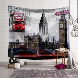 Tapisseries Tapisserie de bus rouge de Londres, Angleterre, thème artistique vintage, drapeau du Royaume-Uni, style architectural européen, décoration de chambre à coucher, de salon