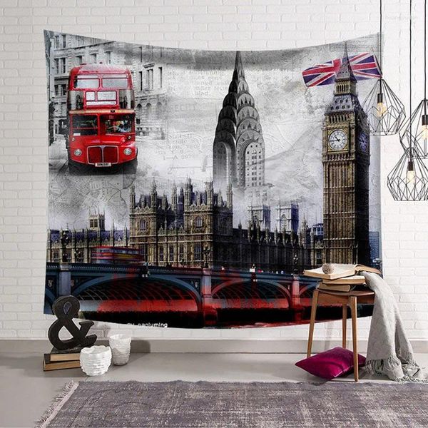 Tapices Tapiz de autobús rojo Londres Inglaterra Tema de arte vintage Bandera del Reino Unido Estilo de arquitectura europea Decoración de la sala de estar del dormitorio