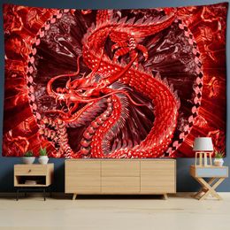 Tapisseries rouge Loong Dragon Totem Tapisserie dessin animé château tenture murale Tapis de chambre couvre-lit Tapis de plage Tapis décor à la maison Art