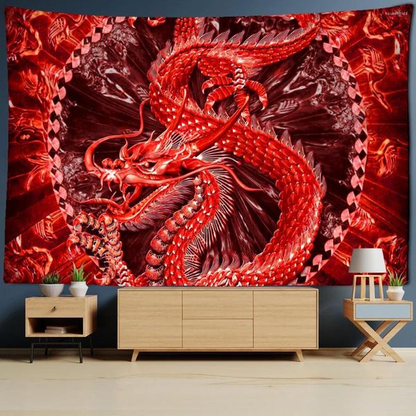 Tapices Red Loong Dragon Totem Tapiz Castillo de dibujos animados Pared Colgando Habitación Alfombra Colcha Playa Mat Tapis Decoración del hogar Arte