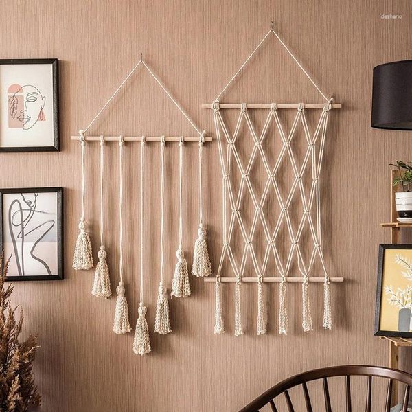 Tapices Tapiz de borla de hilo de algodón trenzado retro con 10 clips tejido macrame colgante po pantalla fondo de pared decoraciones para el hogar