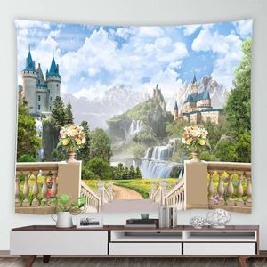 Tapisseries Rétro Style Européen Tapisserie Murale Château Cascade Vert Forêt Fleurs Maison Dortoir Paysage Tenture Murale Tapis De Pique-Nique