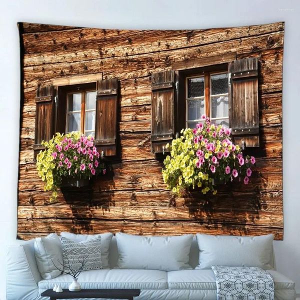 Tapisseries Rétro Fleurs Fenêtre Paysage Tapisserie Campagne Ville Vieille Maison En Bois Plantes Vertes Vignes Hippie Tenture Murale Tissu Chambre Décor