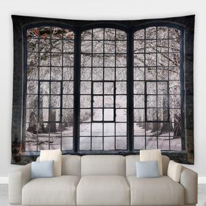 Tapijten Retro Vintage Venster Tapestry Wit Sneeuwland Bos Boom Winter Landschap Woonkamer Slaapkamer Muurschildering Naside Deken Deken Wall Hang Gordijnen