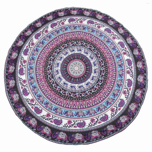 Tapisseries rondes imprimées bohème Mandala tapisserie murale suspendue pique-nique serviette de plage couverture éléphant violet