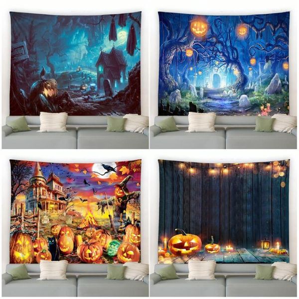 Tapisseries effrayantes pour Halloween, lanterne de citrouille, décoration murale de salle, toile de fond en tissu, scène de nuit de château suspendue à la maison