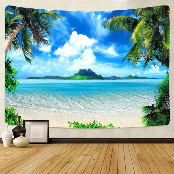 Tapisseries Sea Beach Tapestry Tropical Ocean Murd Palm Palm Trees Island Counder Tissu Homeroom Living Room Decor