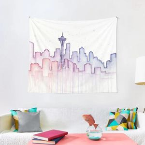 Tapisseries Seattle Skyline Watercolor Silhouette Tapestry Wall Carpet Room Decorations Aesthetic Hanging Design