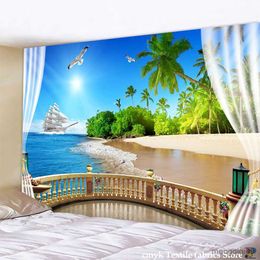 Tapisseries chambre vue sur la mer Tapisserie Mer Arbre Tenture Plage Tapisseries 3D Imprimé Grand Mur Tapisserie Décor À La Maison R230710