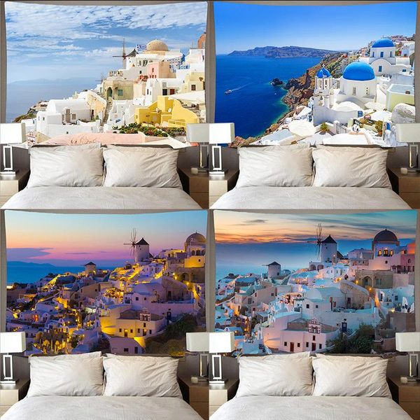 Tapisseries Vente Tapisserie Égée Tenture Murale Paysage Ciel Mer Maison Fond Tissu Impression Numérique Boho Décor NappeTapisseries