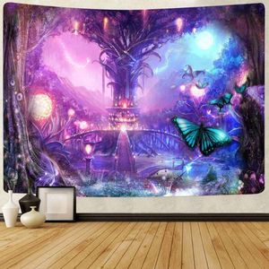 Tapestries Simsant Forest Castle Tapestry Trippy Mushroom Butterfly Art Wall Hanging for Living Room Home Dorm Decor