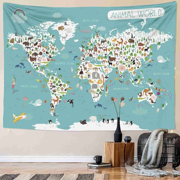 Tapices Tamaños para el mundo infantil Mapa de tapicería Muro colgante Mapa de animales tela linda decoración de la habitación de los niños al estilo europeo R230815