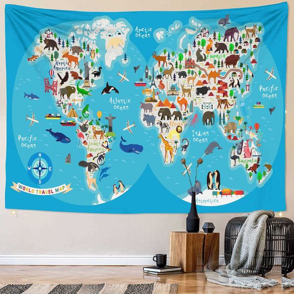 Tapisseries tailles carte du monde pour enfants tapisserie tenture murale carte animale tissu mignon style européen décoration de chambre d'enfants