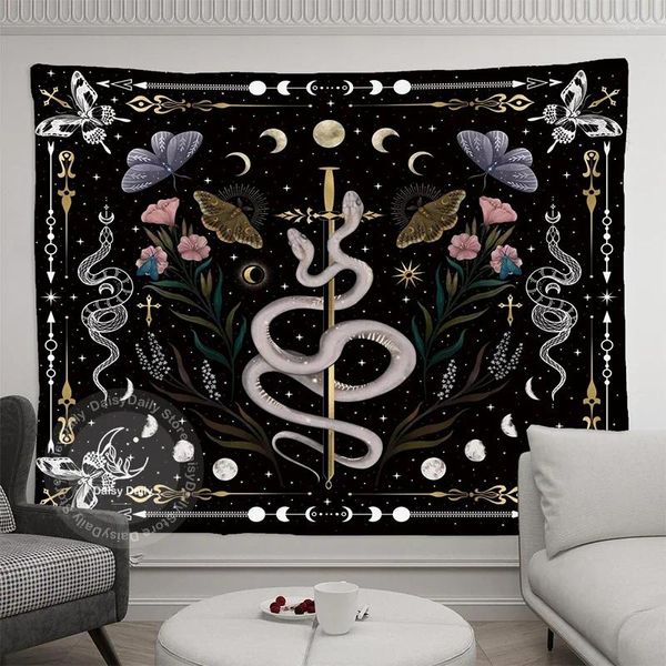 Tapisseries Snake Tapestry Moon Phase et étoiles Butterfly Night Boho Mystery Mur suspendu pour chambre à coucher