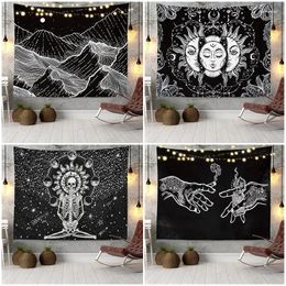 Tapisseries Star Moon Mountains Black and White Bed Sofa Live Fandle Fack Boho Decor Tapestry Mur de suspension esthétique