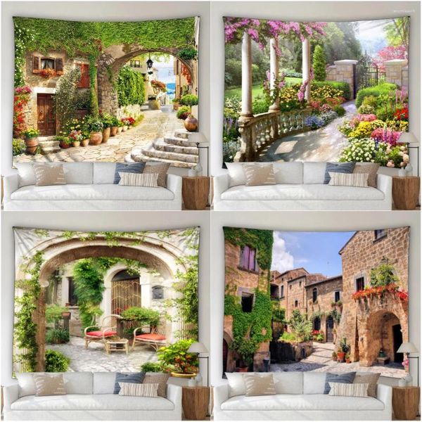 Tapisseries courettes de rue tapisserie européenne italie fleur de fleur de printemps modernes jardin côtier maison live chambre décor de dort mur suspendu lavable