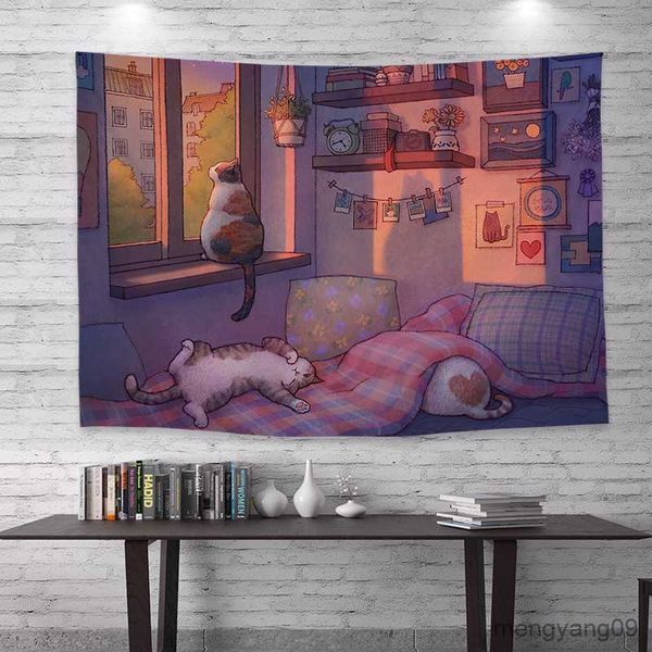 Tapisses Style Illustration Cat Background tissu Cure Dormitory Bedside Tapestry Chambre informatique Room de chambre Décoration murale R230812