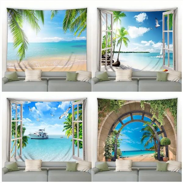 Wandteppiche Sommer Ozean Landschaft Wandteppich Strand Palmen Vögel Naturlandschaft Wandteppiche Moderne Wohnzimmer Dekor Wandbehang Matte 231122