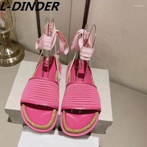 Tapisseries d'été tissé plate-forme sandale femme loisirs vacances plat chaussures de plage rose abricot cheville croix liée vacances Rome