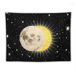 Tapestries Zon en Moon Tapestry - Branden met Star Mystic Wall Hangend voor slaapkamer esthetisch zwart wit stranddeken