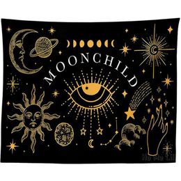 Tapestries Sun Moon Black door Ho Me Lili Tapestry Celestial Art Planet Stars Space Wall Hanging Home Decoraties