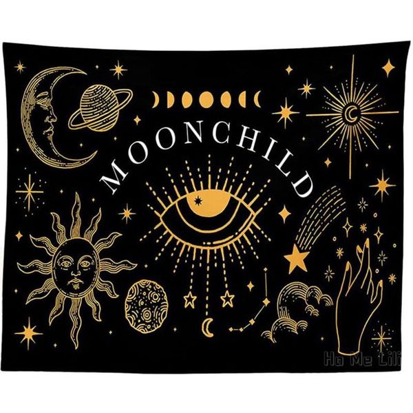 Tapices Sol Luna Negro Por Ho Me Lili Tapiz Arte Celestial Planeta Estrellas Espacio Colgante de pared Decoraciones para el hogar