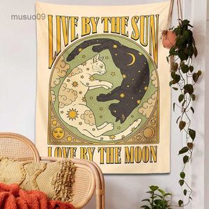 Tapisseries Soleil Lune Chat Tapisserie Tenture Murale Tarot rétro noir blanc chat psychédélique amour étoile pour salon maison dortoir décor tissu cadeau