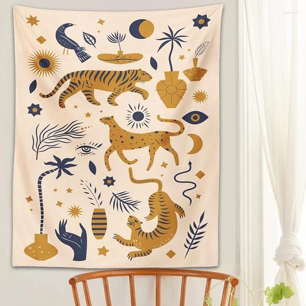 Tapisseries Soleil Lune Tigre Tapisserie Murale Suspendue Plante Feuille Divination Sorcellerie Serpent Boho Fond Wiccan Décor À La Maison Dortoir